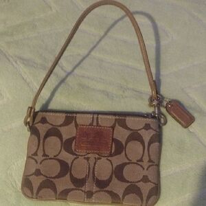 Coach Brown Signature Canvas Wristlet with Leather Trim